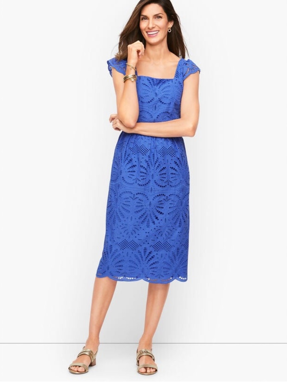 TALBOTS BLUE RUFFLE EYELET A-LINE LACE DRESS SZ 12